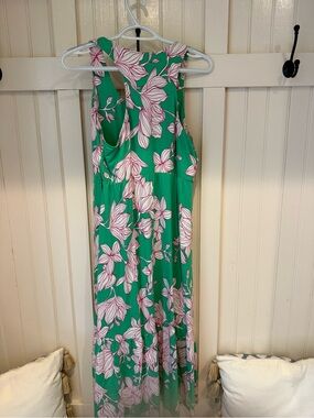 CAbi Green Maxi Dress with Pink Floral Print